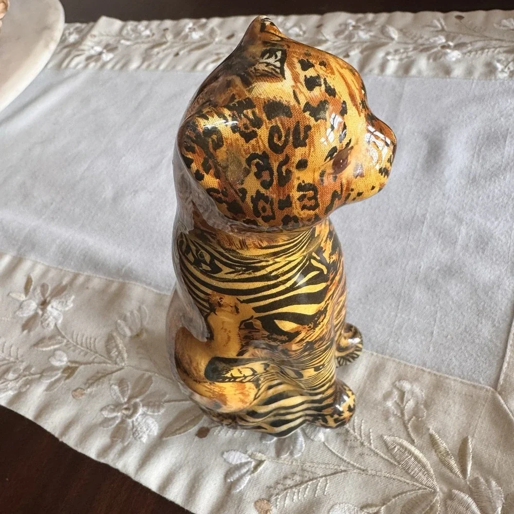 La Vie Leopard Cheetah Patchwork Quilt Paper Mache Figurine Ceramic 8
